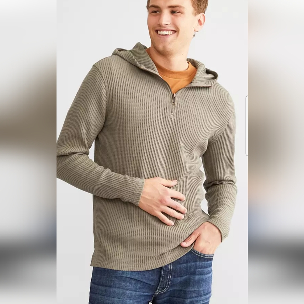 Outpost Makers LARGE Gray Hooded Waffle Knit Pullover